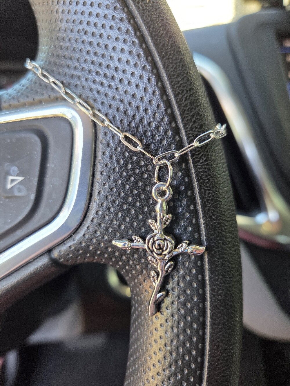 Hand Crafted Silver Rose Cross Steering Wheel Charm Chain Rearview Mirror Charm